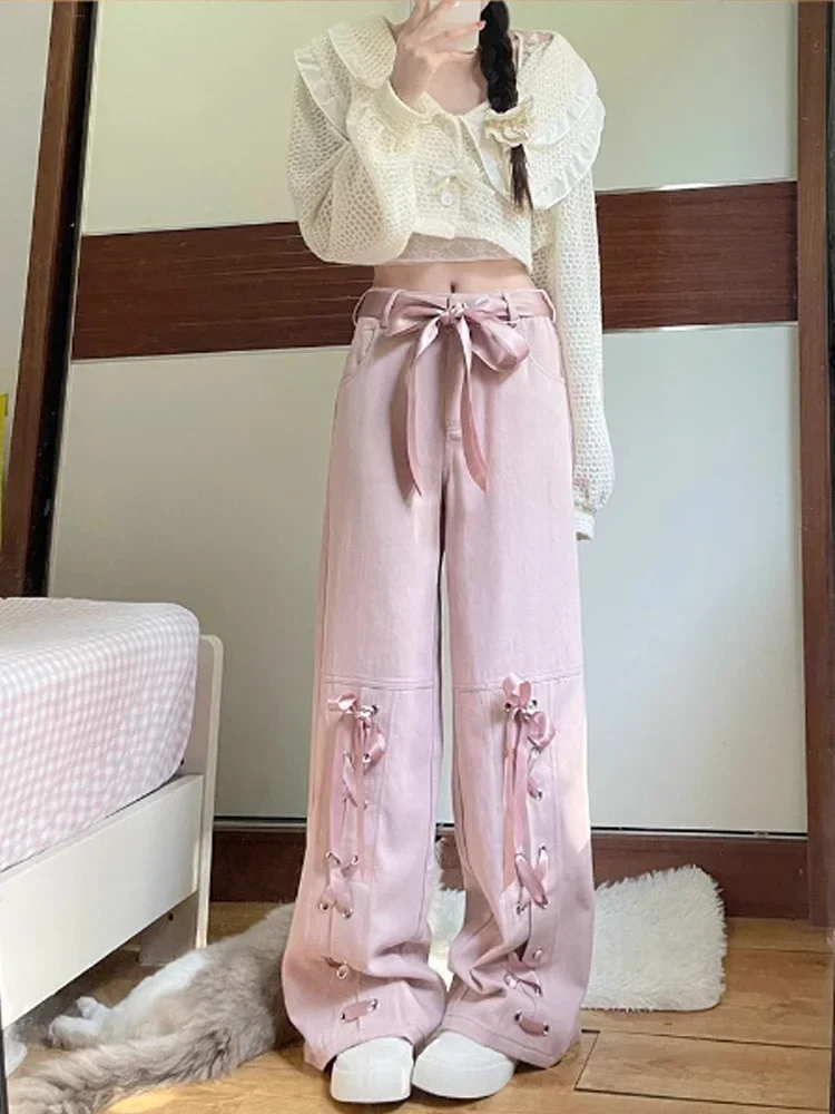 

Streetwear Lace Up Sweet Pink Dopamine Y2k Jeans Women Baggy Harajuku 90s Aesthetic Denim Trousers Vintage Wide Leg Pants