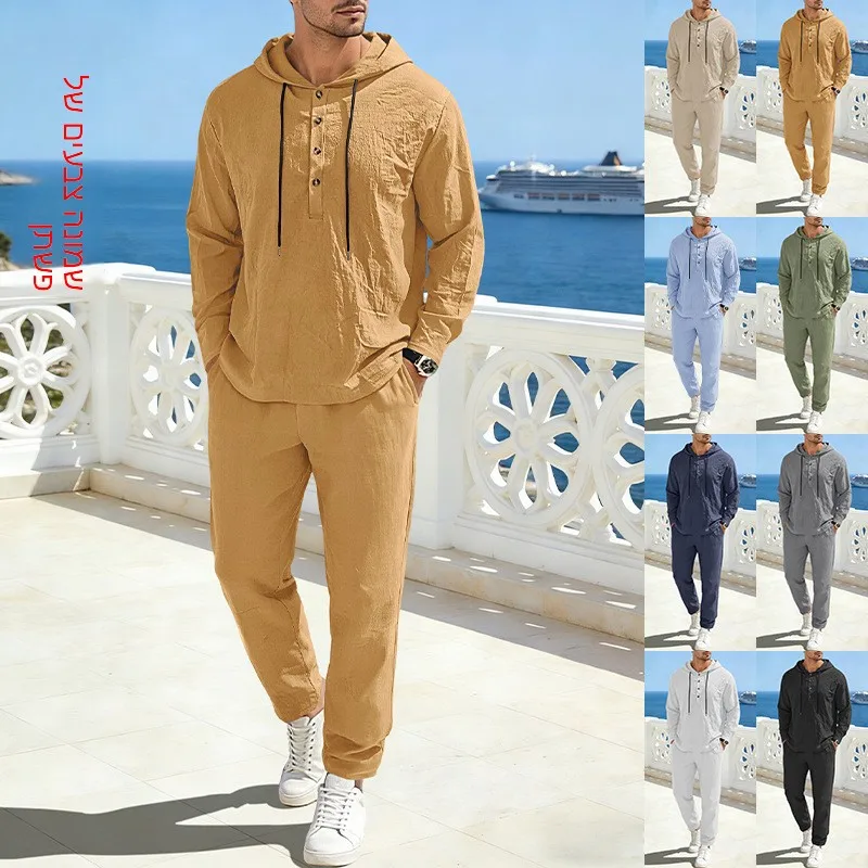 

Men's Linen Hooded Long Sleeve Long Pants Set Pure Color Drawstring Casual Comfortable Spring Fashion Outerwear Ensemble