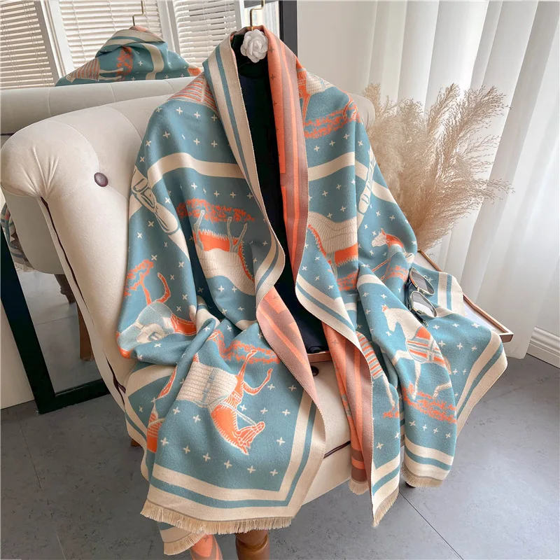 Luxury Horse Print Thick Cashmere Blanket Women Scarf Warm Pashmina Shawl Winter Wraps Bufanda New Design Poncho Echarpe Female