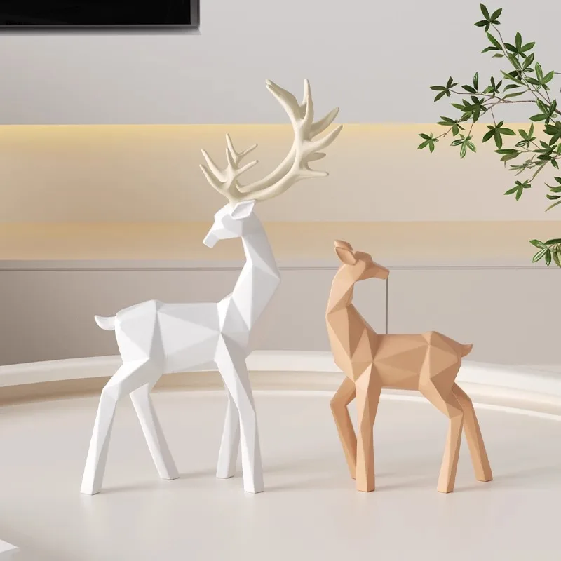 Light Luxury Minimalist Origami Fortune Deer Resin Ornament Auspicious Pair Deer Sculpture Decor For Living Room Entryway Gift