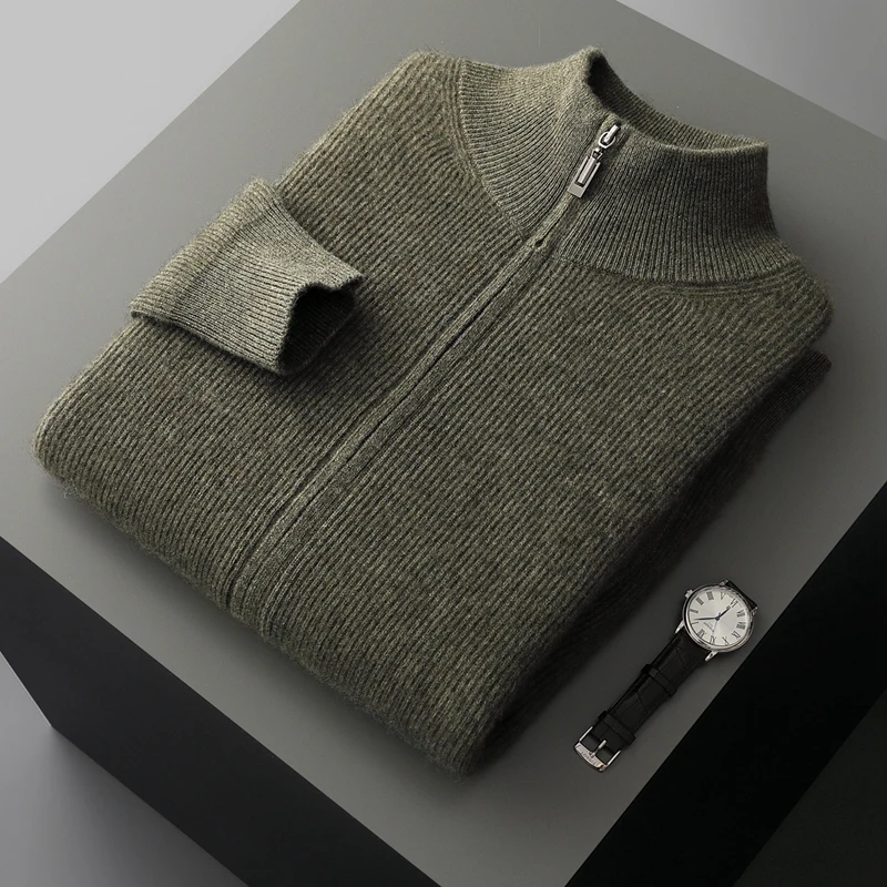 

100% Cashmere Sweater Autumn Winter Men's Basics Cardigan Thick Soft Warm Knitting Business Zipper Mock Neck Male Clothing Tops