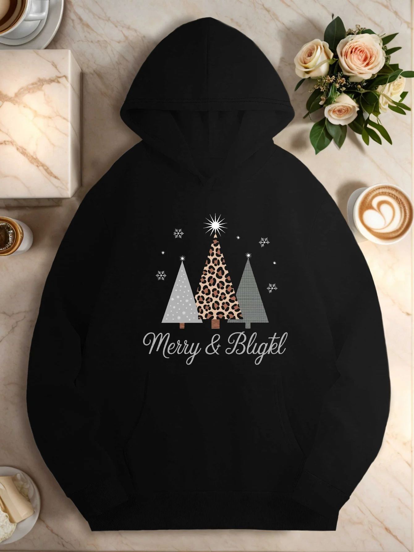 Merry Bright Leopard Christmas Trees Women's Plus Size Casual Hoodies, Festive Clothing, Casual Wear, Geometric Pattern, Leopard