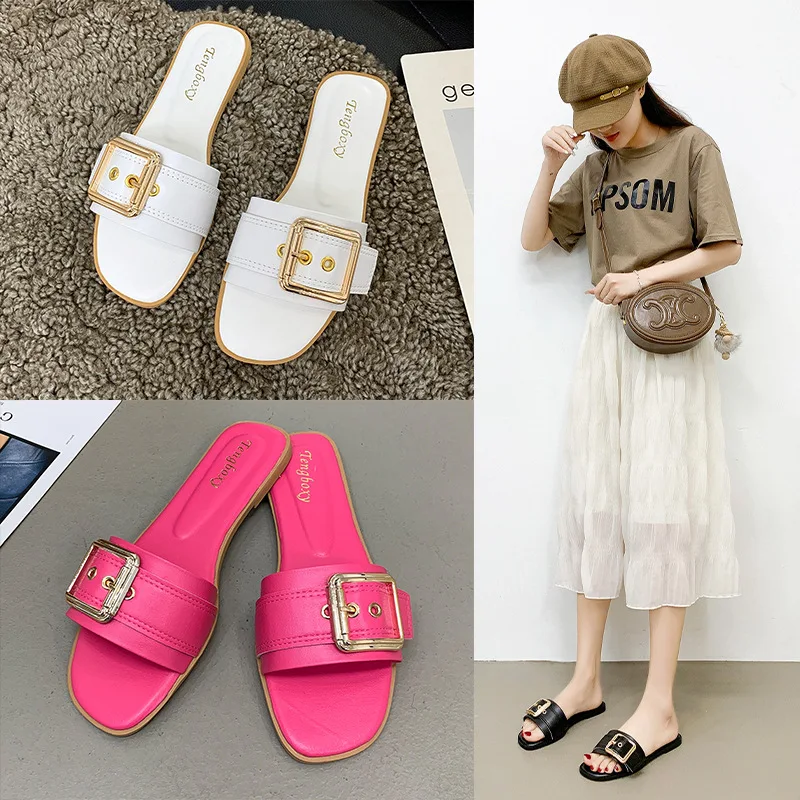 Shoes Women Slippers Casual Pantofle Rivet Slides Low Soft Luxury Summer 2024 Flat Fashion Fabric Metal Decoration Rubber Hoof