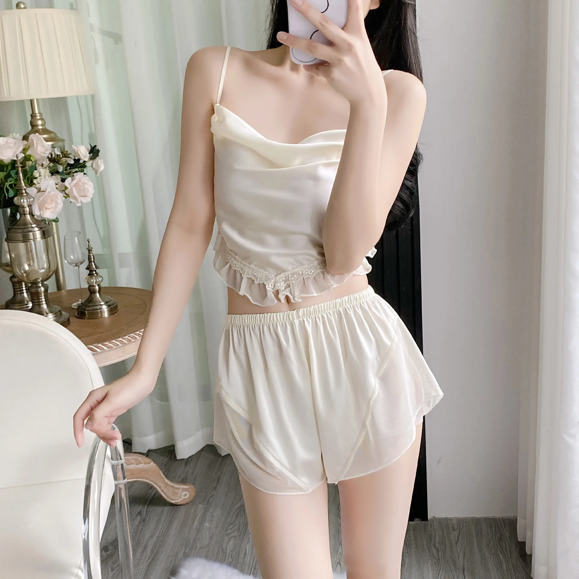 Silk Satin Camisole Shorts Pajama Set with Built in Bra Comfortable Sleepwear Loungewear