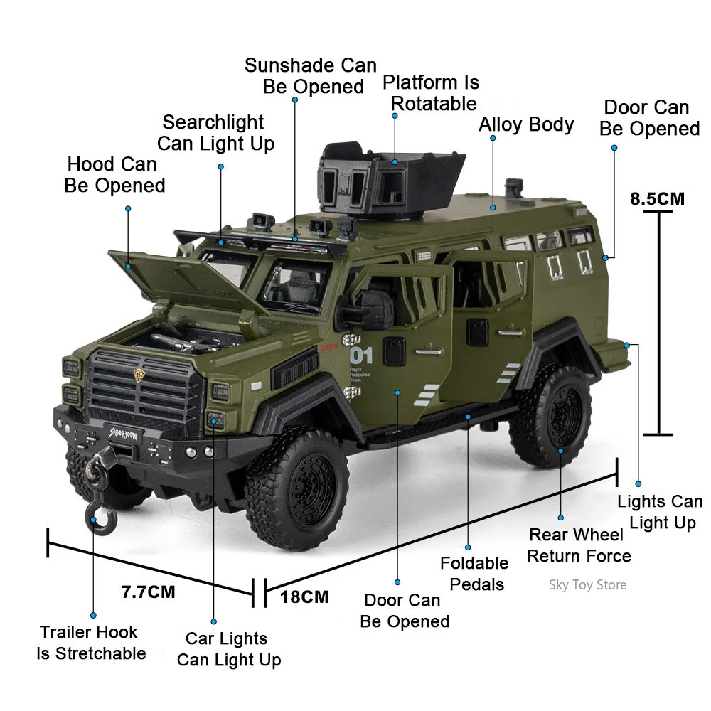 1:32 Alloy Sabertooth Armored Dongfeng Warrior Car Diecast Model Toys Doors Opened Sound Light Pull Back Vechie Child Adult Gift