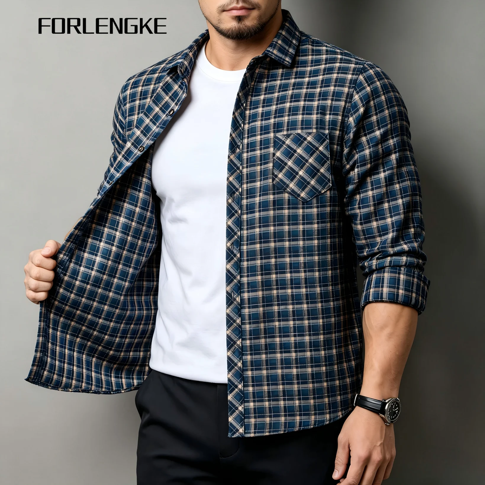 FORLENGKE Men Casual Plaid Long Sleeve Shirt, Fashion Breathable Loose Button Down Shirt with Pocket for Spring Autumn Daily