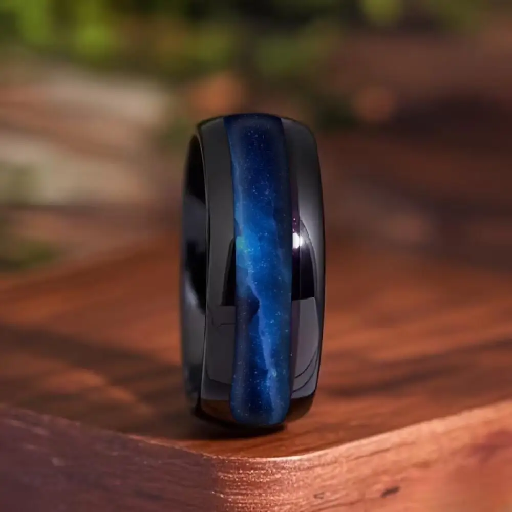 Anillos con Patrón de Nebulosa en Degradado Azul, Anillo de Acero Inoxidable de 8mm con Cielo Estrellado Cósmico para Hombre, Anillo de Boda, Joyería, Envío Directo