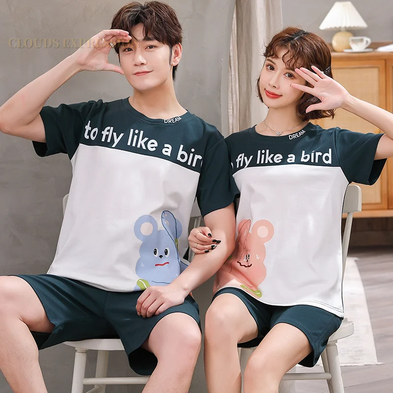 Summer 100% Cotton Cartoon Print Couple Pajama Sets Pyjamas Kawaii Sleep Lounge Short Yellow Sleepwear Suits Pajamas for Lovers