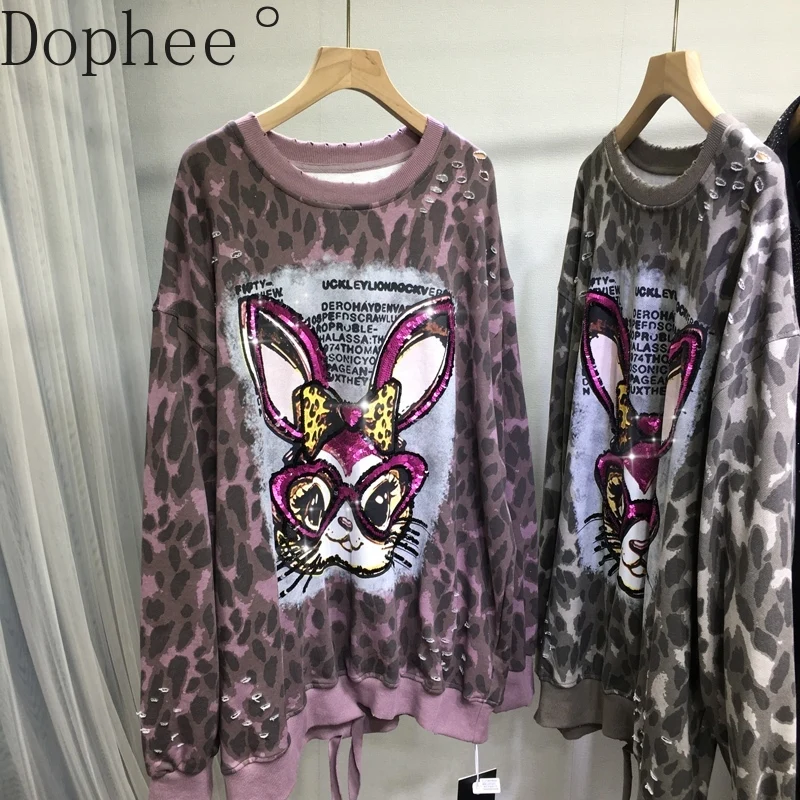 2024 New Autumn Winter Women Casual Sweatshirt Embroidery Sequins Bunny Leopard O-neck Pullover Top Mid-long Loose Hoodies