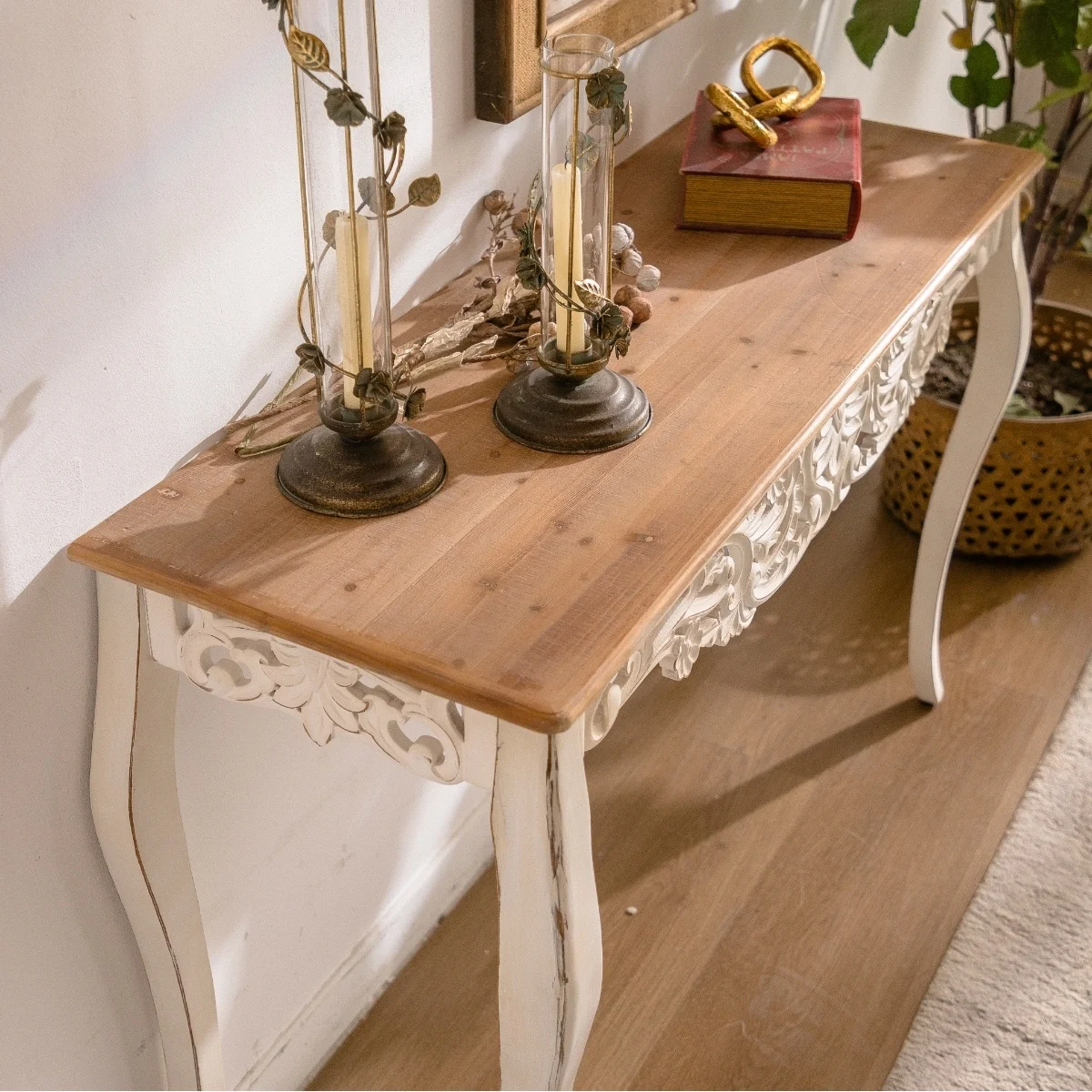 French country-style carved entryway table, antique white vintage solid wood entryway table, curved legs, 43.31 inches