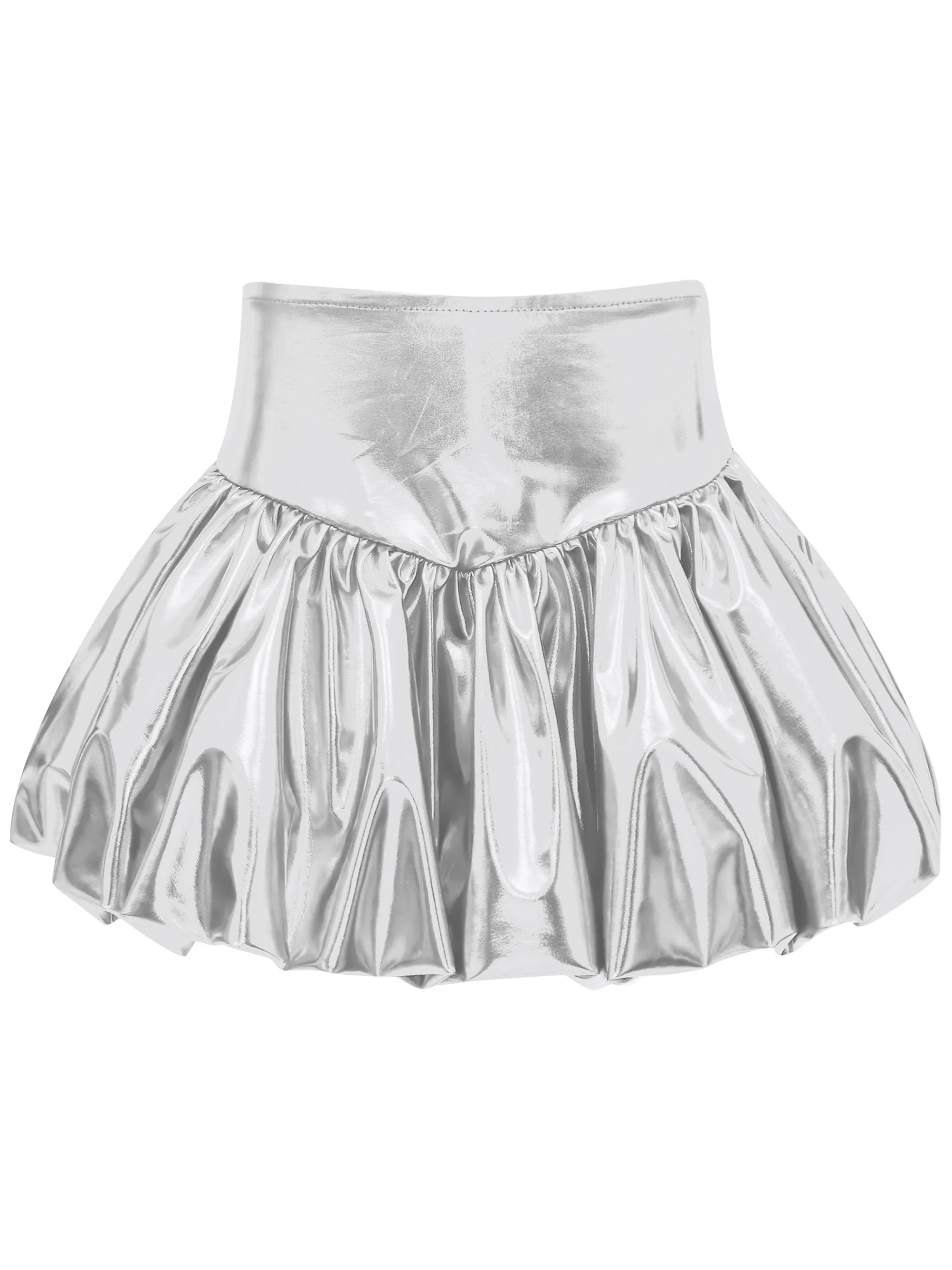 Kids Disco Hip Hop Clothes Sets Girls Jazz Dance Performance Outfit Long Sleeve Sequin Metallic Crop Top with Shiny Bubble Skirt