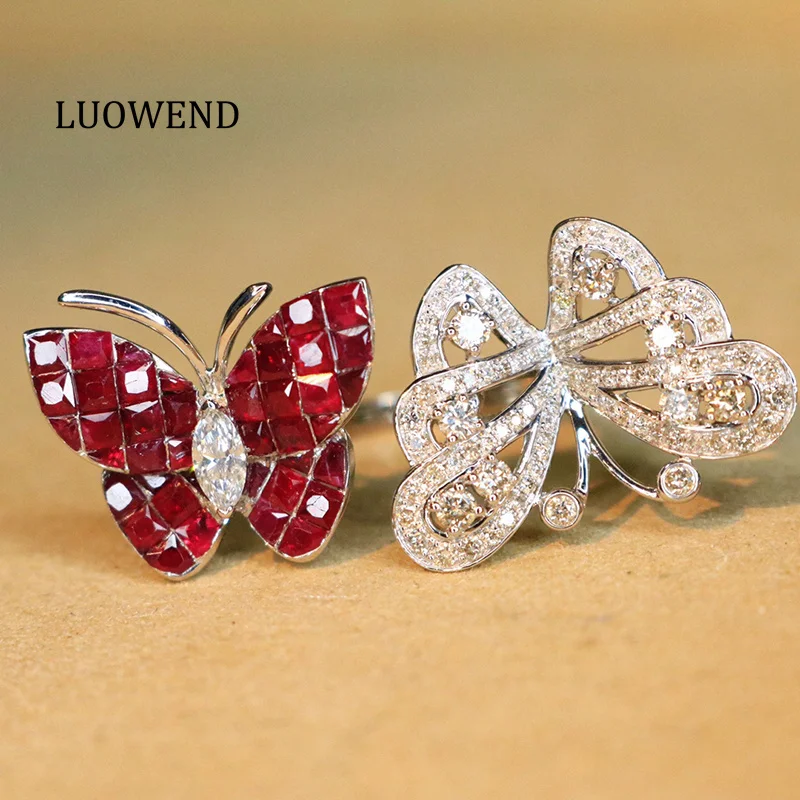 LUOWEND 100% 18K White Gold Rings Luxury Elegant Style Shiny Diamond Natural Ruby Engagement Ring for Women High Party Jewelry
