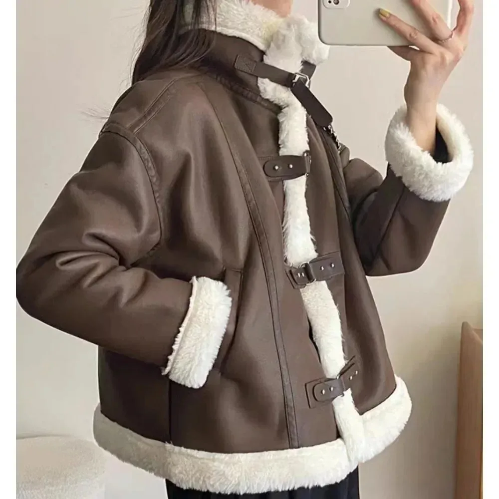 2024 Black Big Size Thick Warm PU Leather Jacket New Lapel Long Sleeve Women Eco-friendly Coat Fashion Tide Spring Autumn 2024