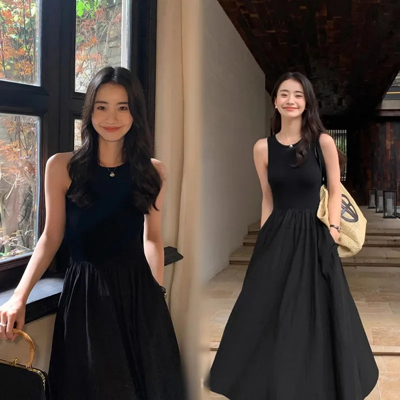 

Black Knitted Long Dresses for Women 2025 Summer Sleeveless Round Collar Vest Dress Woman Korean Chic with Pockets Mini Dress