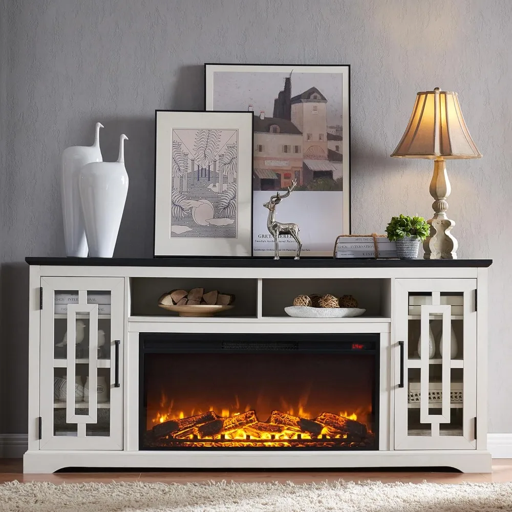 

Farmhouse Fireplace TV Stand with 36" Electric Fireplace for 80 Inch TV, 32" Tall Entertainment Center, 6 Shelves White