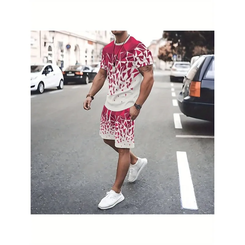 2025 Casual Round Neck Short Sleeved Shorts Set Summer New Trend Retro Men's Fashion T-shirt 3D Digital Printing Creative
