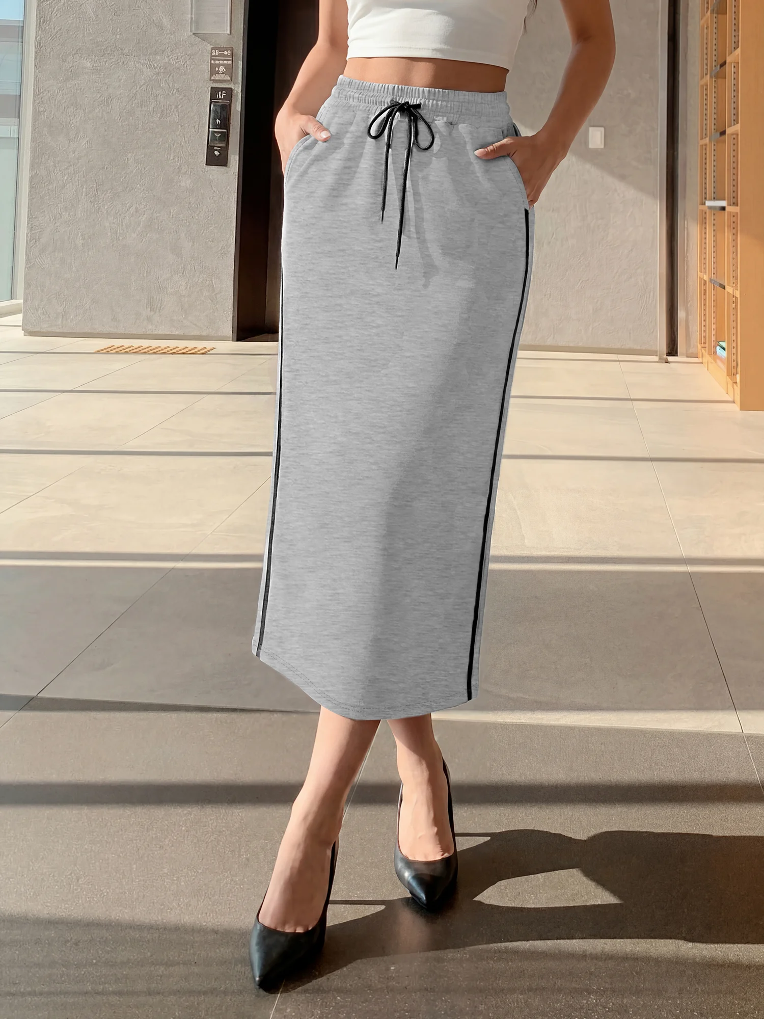 Vintage Sport Stripe Midi Skirt, Split Hem, City Streetwear & Social Gathering Fashion Outfit