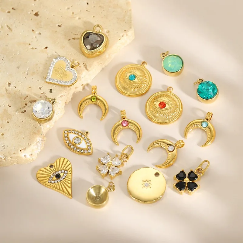 Gold Mixed Evil Clover Moon Charms Stainless Steel Multicolor CZ Crescent Moon Heart Round Disc Pendants For DIY Jewelry Making