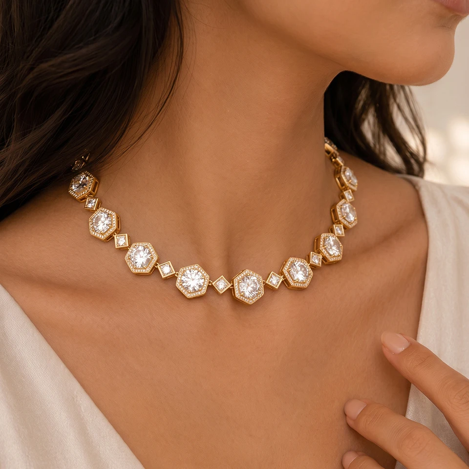 Luxuriöse Halo-Rund-CZ-Tennis-Ketten-Halskette für Damen, mehrfarbige Kristall-Hexagon-Rahmen-Gliederkette, Bankett-Modeschmuck – Detail 2