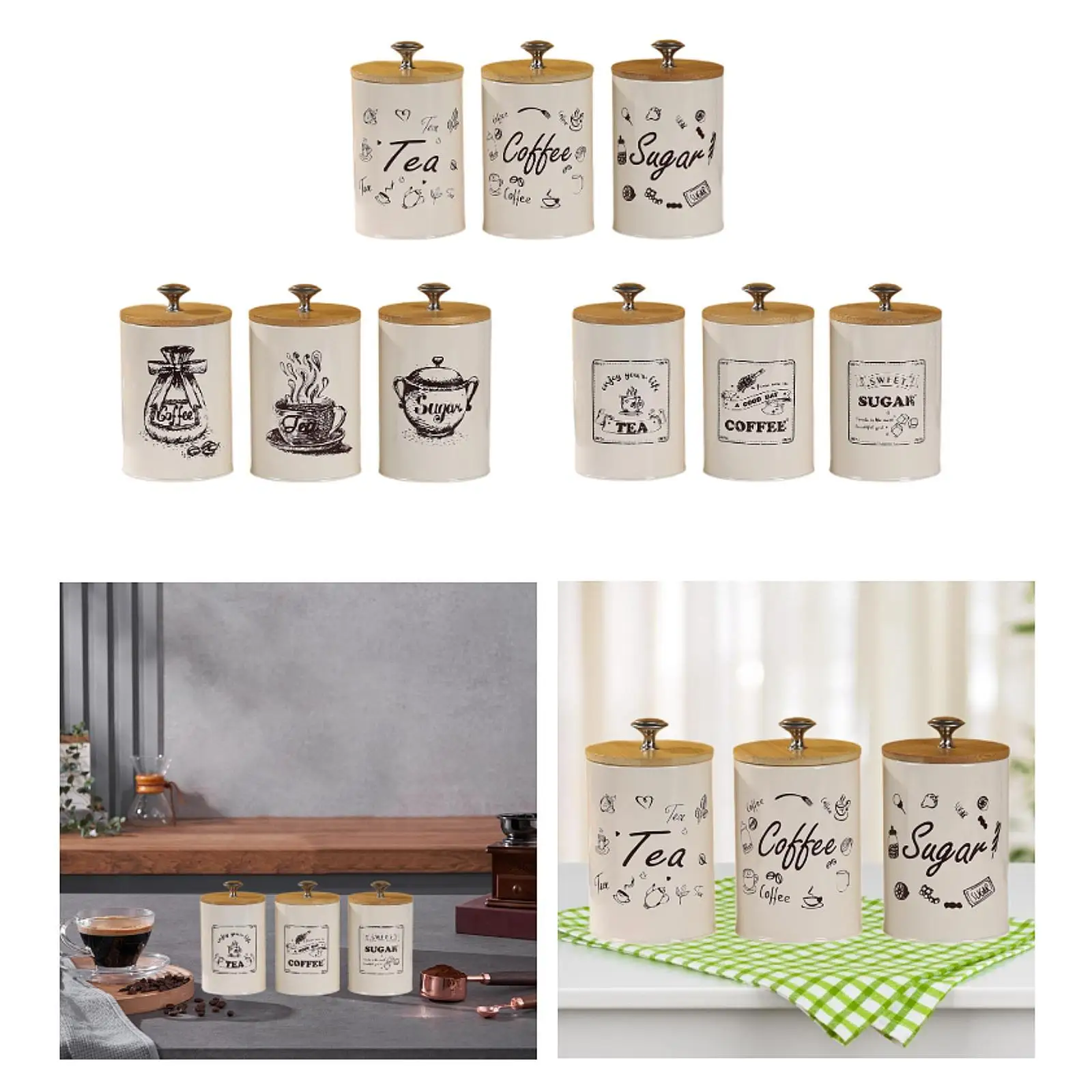 

3x Kitchen Canisters for Countertop Stylish Simple Jars Restaurants Decor Coffee Tea Sugar Containers Dustproof Lids Containers