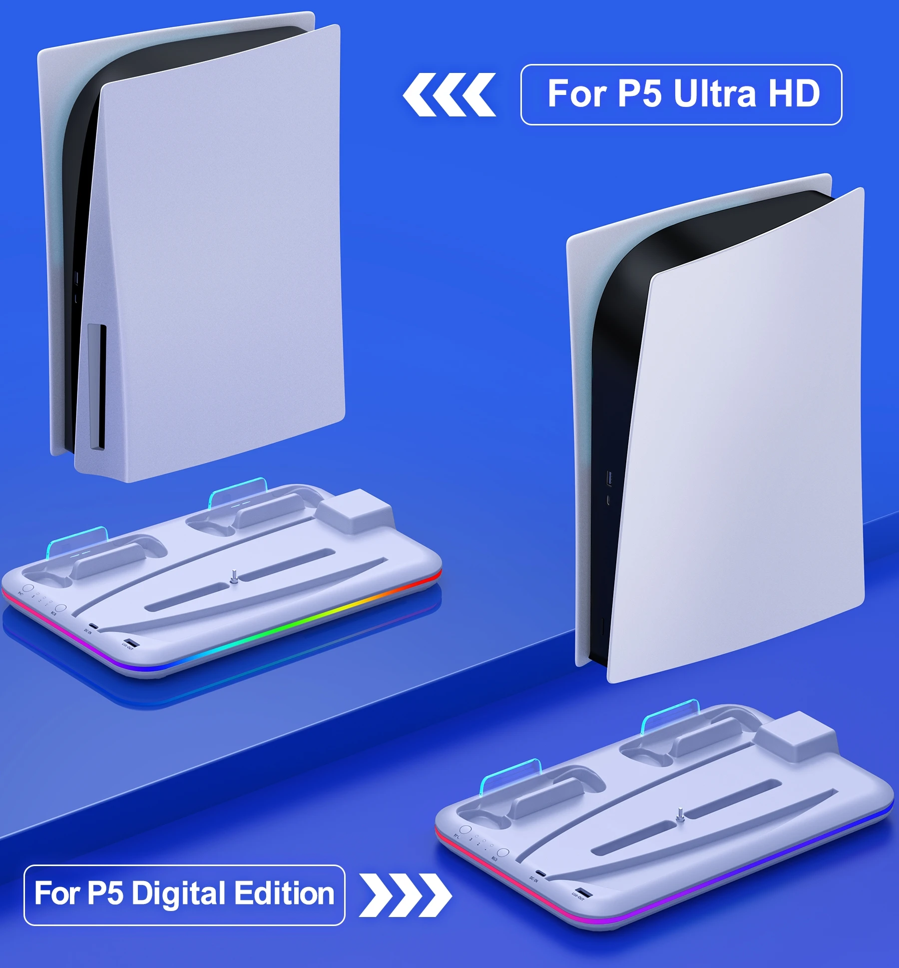 소니 플레이스테이션 5 용 RGB 듀얼 컨트롤러 충전 도크, PS5 수직 스탠드용, 디지털 LED 쿨 라이트 냉각 스테이션