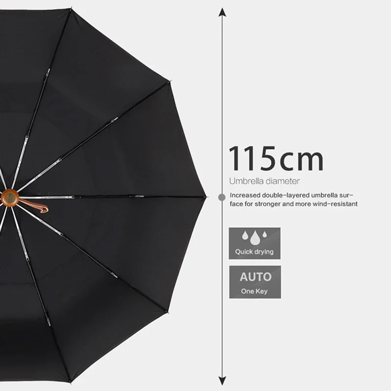 Big Umbrella Men Business Style 115cm Automatic Umbrella Rain Double Layer 10K Windproof Large Golf Umbrellas Wooden