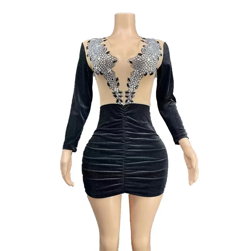 

New Sexy High Quality Velvet Mini Rhinestone Dress Women Birthday Singer Costume