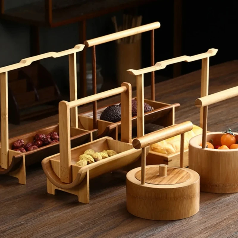 Portable Bamboo Snack Basket Desktop Refreshment Box Dried Fruit Tray Storage Basket and Dessert Plate