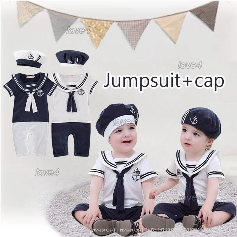 Brother and Sister Matching Clothes Baby Boy Girl Sailor Suit Infant Jumper+Cap Baptismal Newborn Photoshoot Romper Outfit