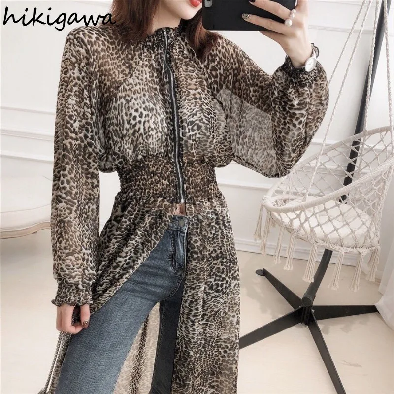 2024 Blusas Mujer De Mdoa camicette Chic per le donne camicie leopardate in Chiffon a vita sottile con cerniera a maniche lunghe See Throught