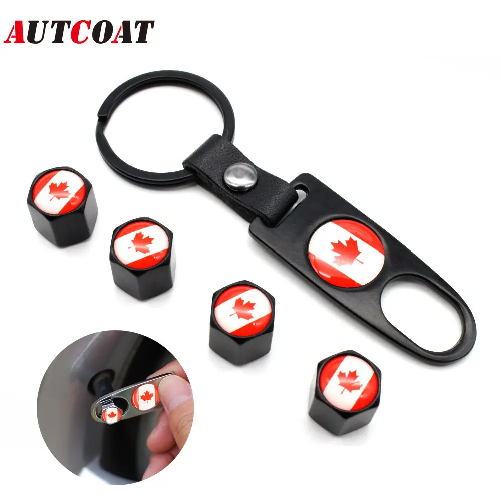 

1Set Anti-theft Car Tire wheel Valve Stems Canada Flag Style Air Caps With Leather buckle Wrench Zinc Alloy