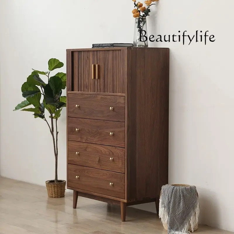 Solid Wood Four-Bucket Cabinet Four-Drawer Curtain Dining Room Side Cabinet Black Walnut Bedroom Storage Nordic High Cabinet