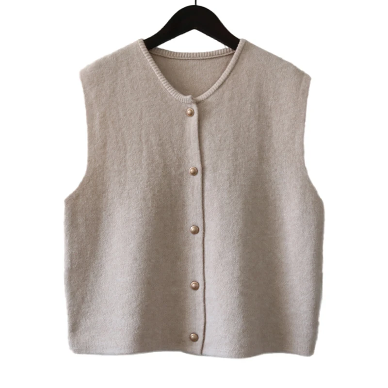 Knitted Vests Women Spring Autumn O-Neck Solid Color Loose Single Breasted Sleeveless Sweaters Waistcoats Fashion Basic Daily