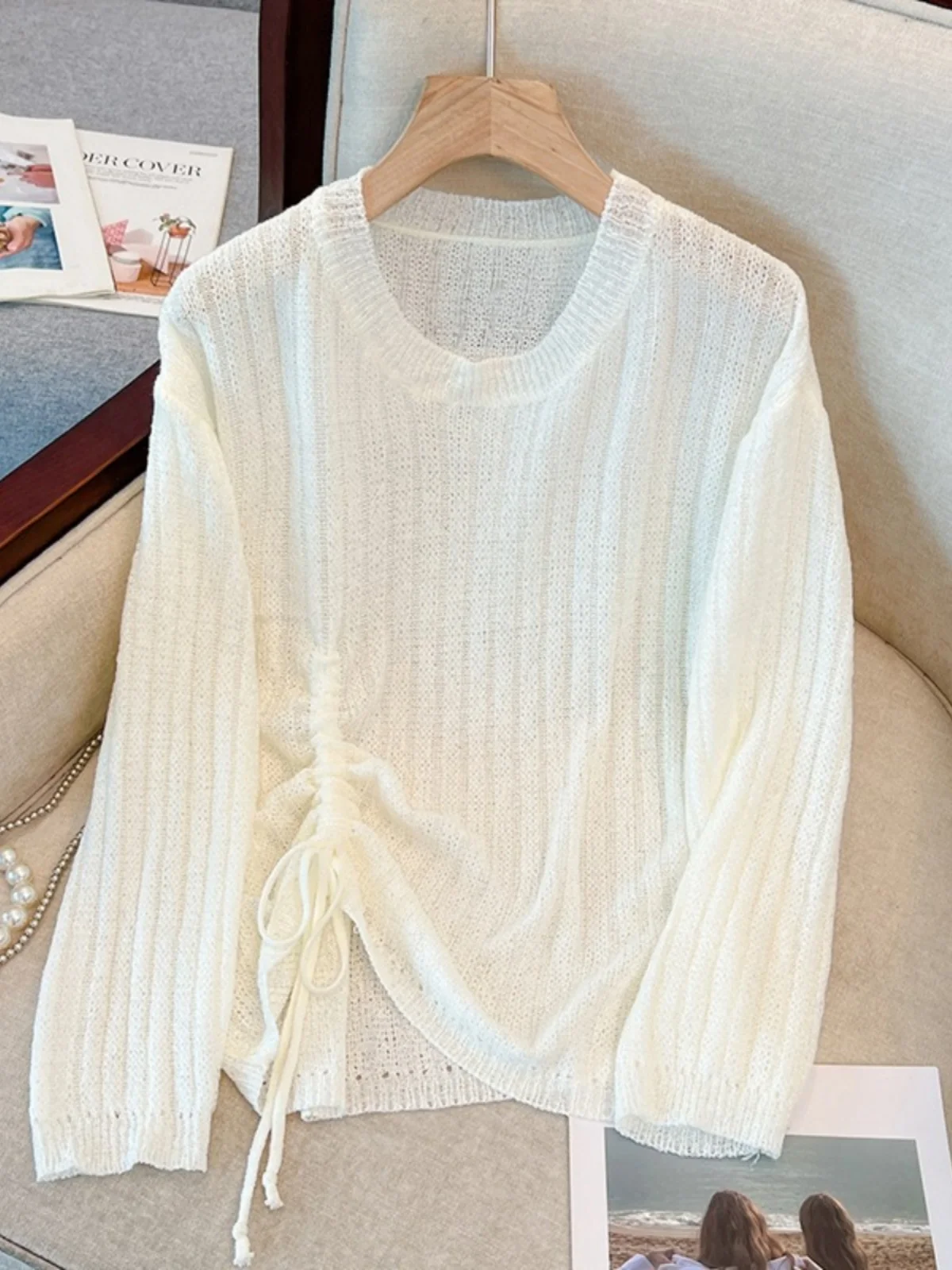 

round Neck Open Knitwear Casual Style Drawstring Outerwear Sun Protection for plus Size Women Early Spring Trendy And Beautiful