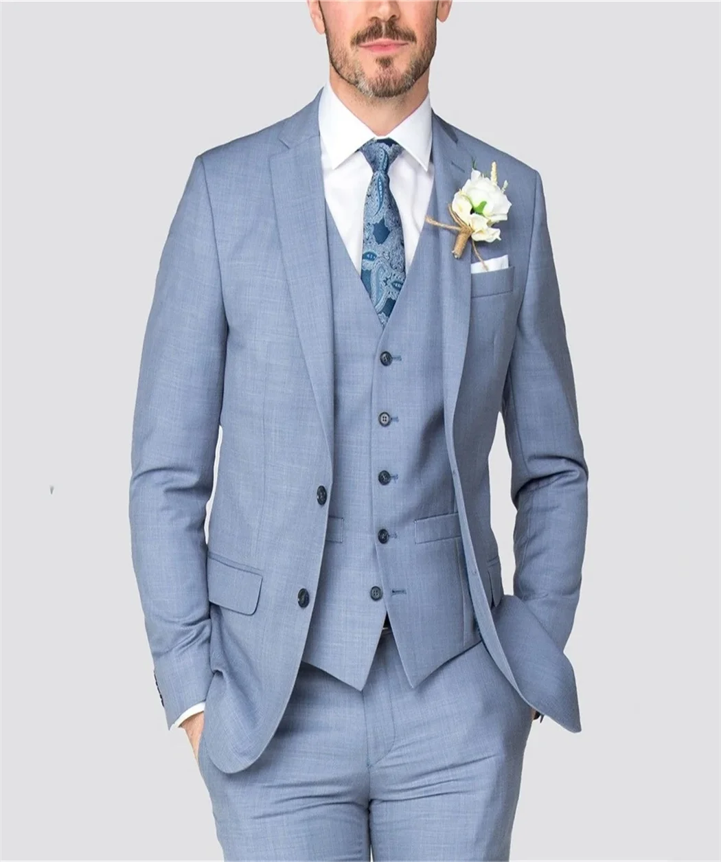 3 Piece Classic Light Blue Suits For Men Formal Party Business Blazer Wedding Groom Tuxedo Slim Fit  Jacket Pants Costume Homme