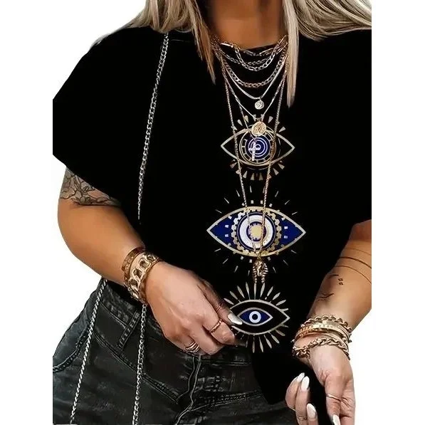 

Devil's Eye Printed Women's T-irt ort Sve One-Ne Design Comfortable Cotton Top for Autumn Universal for Men And Women