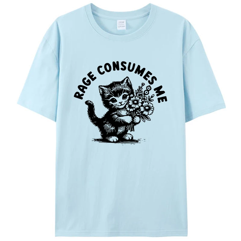 Funny Kitty Cat With Flower Rage Consumes Me Meme Humor Quote Gift Women Men's Cotton T-Shirt Clothing Graphic Tees Tops Shirts