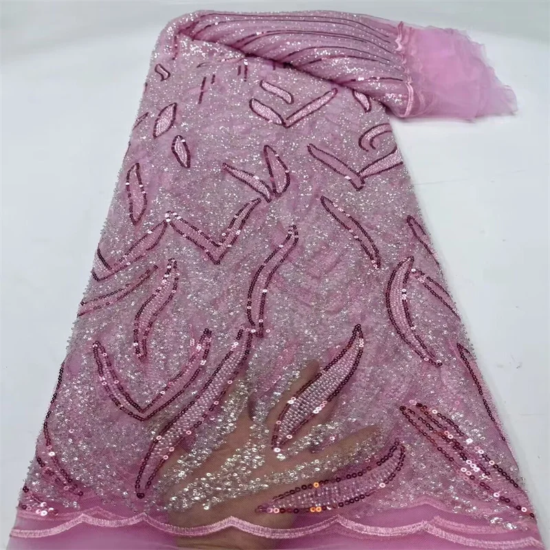 

Pink Luxury African Sequins Beaded Lace Fabric 2024 High Quality Groom Nigerian Wedding Bridal Embroidery French Tulle Sewing