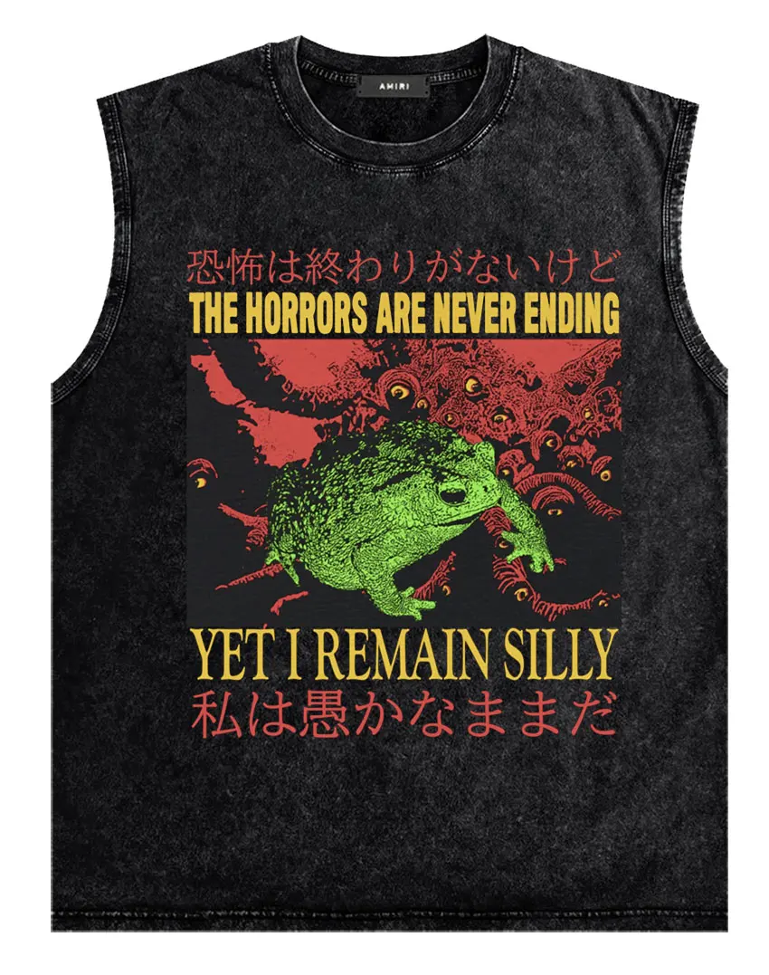 The Horrors Are Never Ending Yet I Remain Silly Футболки с японской лягушкой Мужская женская майка Винтажная стираная футболка с коротким рукавом