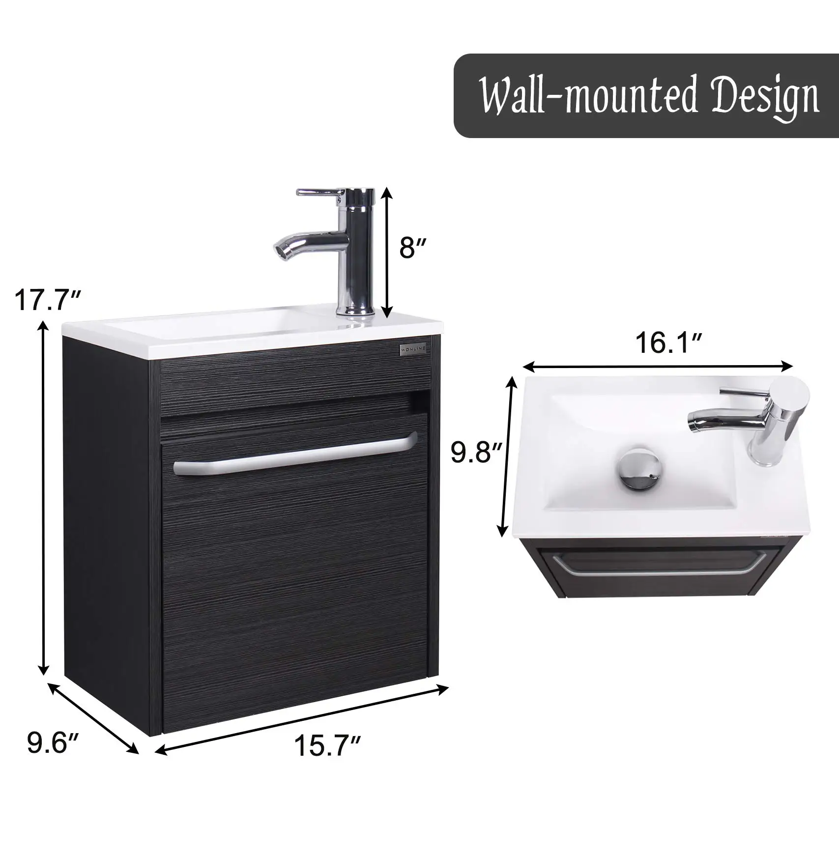 16” Bathroom Vanity Sink Combo for Small Space Black Wall Mounted Cabinet Set Design White Resin Basin Sink Top Chrome