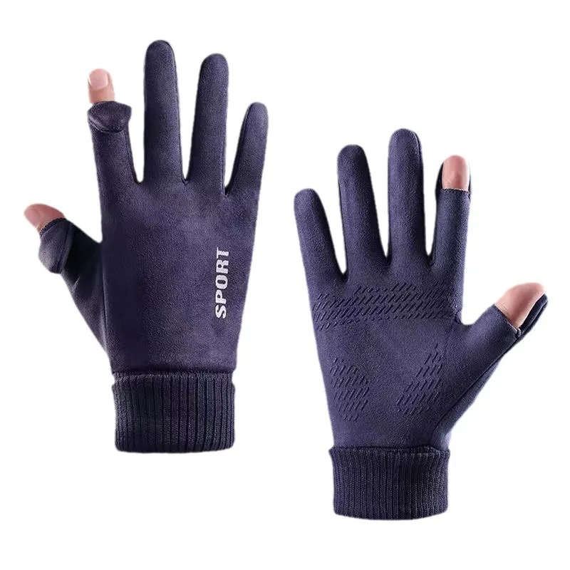 Men's winter gloves for cycling outdoor flip cover two finger touch screen windproof warm cold proof with flleece for driving