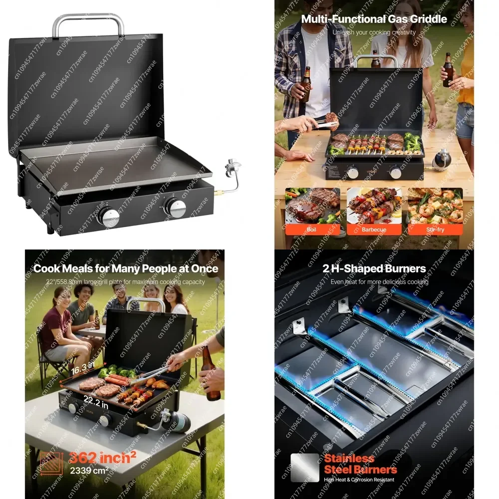 2-Burner 22-Inch Portable Gas Propane Tabletop Griddle with Lid Oil Drain Hole Collection Tray for Camping