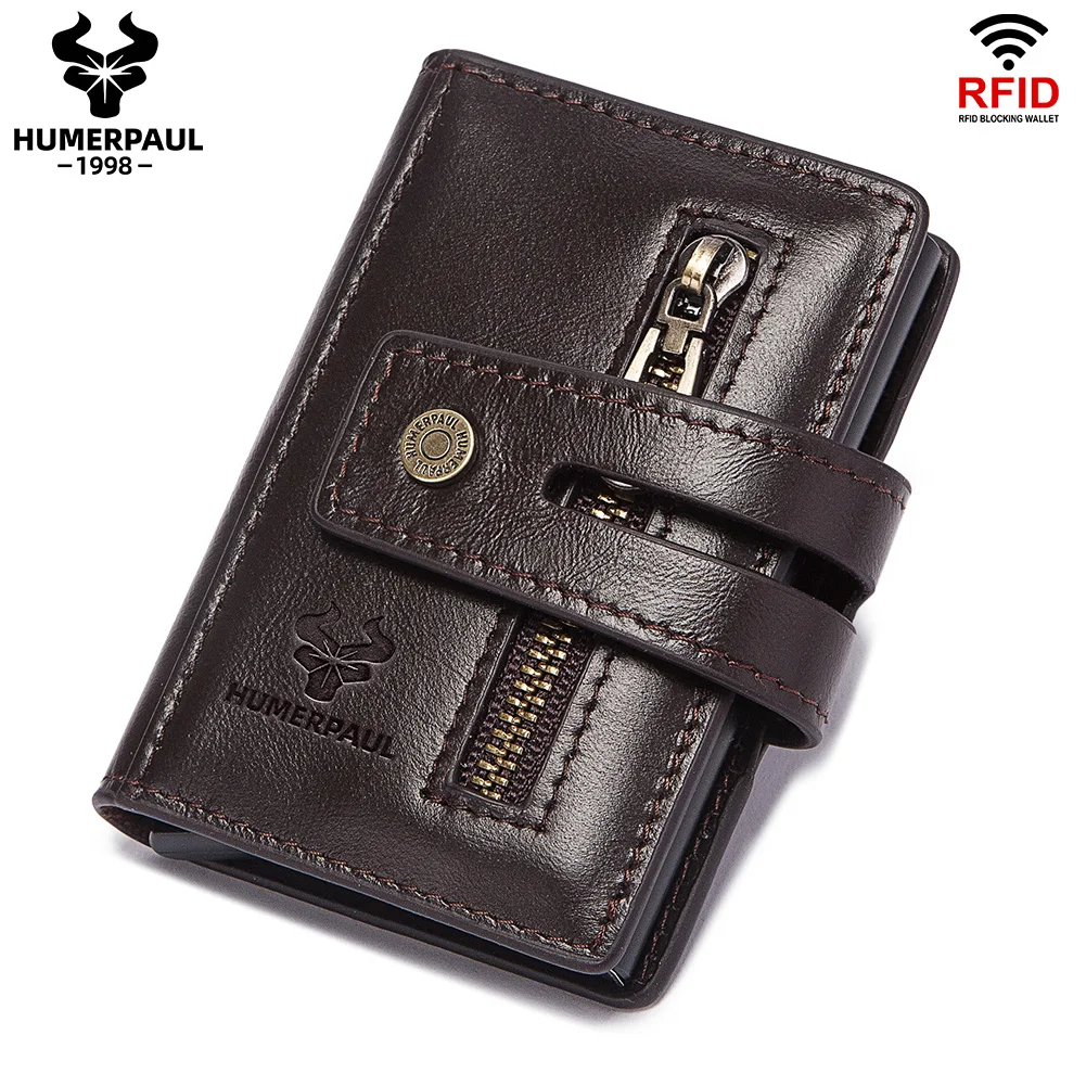 HUMERPAUL Slim Wallet with Coin Compartment RFID Protection Men Genuine Leather Card Holder Business Aluminum Smart Walets