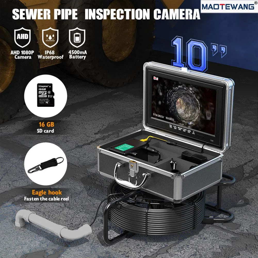 

MAOTEWANG Sewer Pipe Inspection Camera with DVR 16GB TF Card,10inch Sewer Drain Industrial Endoscope AHD 1080P Camera System