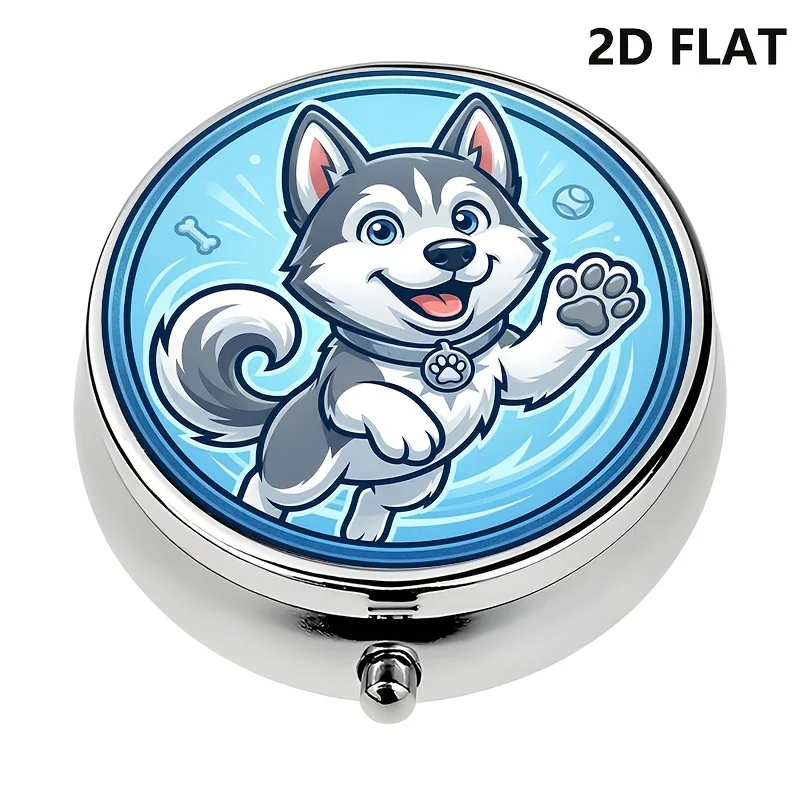 Two-dimensional flat design, single-piece storage box with 3 compartments, cute husky dog theme, portable travel or wallet box, medicine organizer, decorative metal storage box for storing medicines and vitamins, two-dimensional flat design
