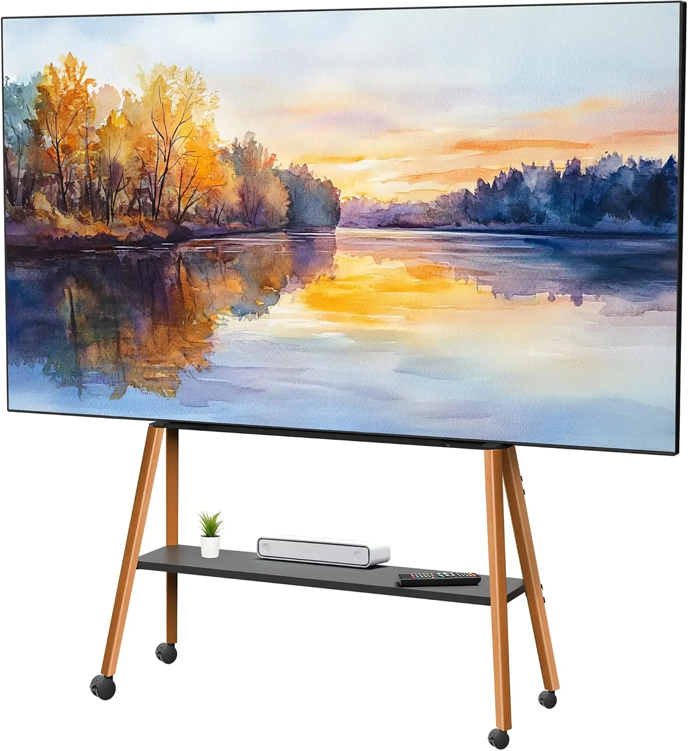 Rolling Artistic 43 to 75 inch LED LCD Screen Mobile Studio TV Easel Stand, Wood Accessory Shelf, Adjustable TV Mount with 4 Wal