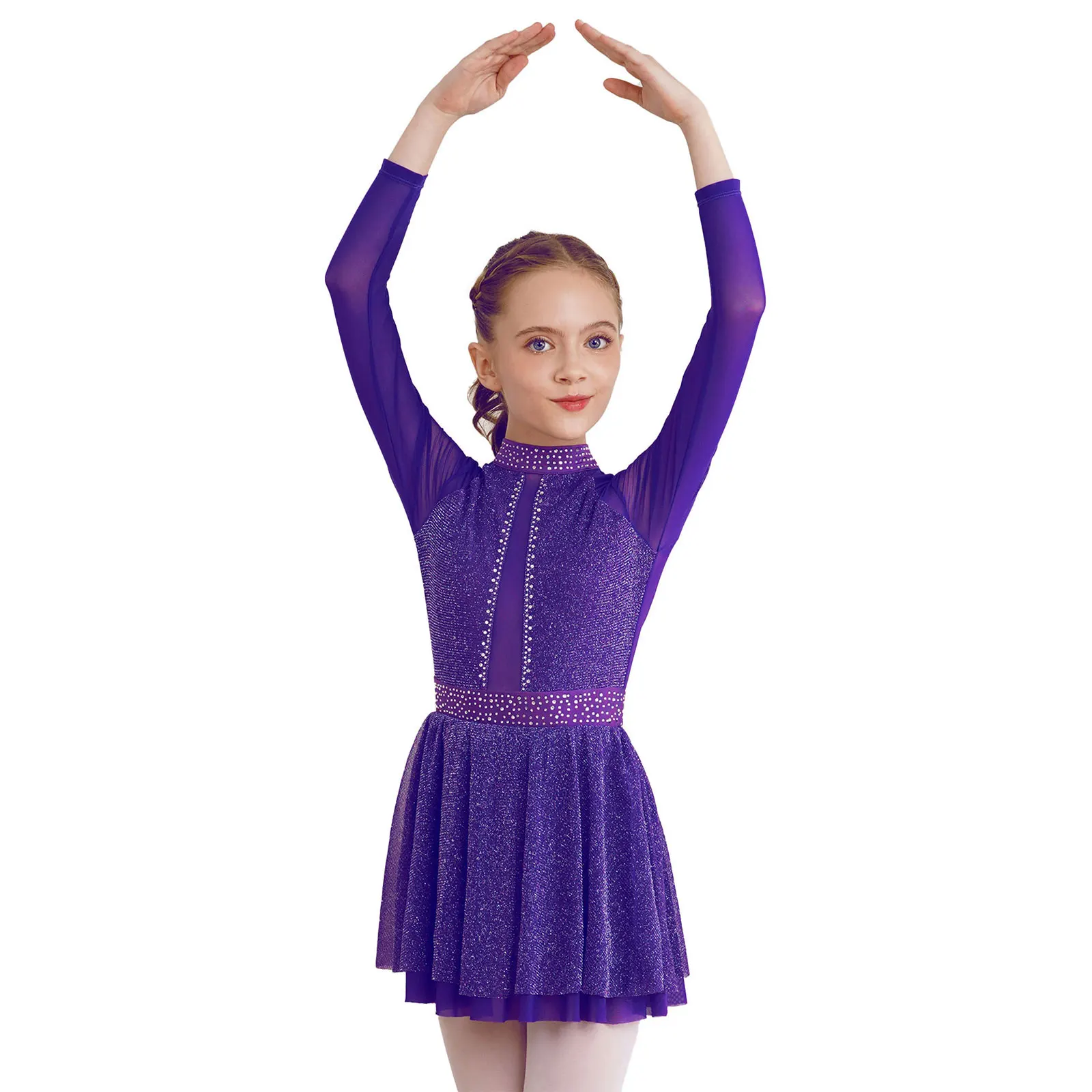 

Kids Girls Figure Skating Dance Tutu Dress Long Sleeve Shiny Rhinestone Lyrical Ballet Gymnastics Leotards Performance Costume