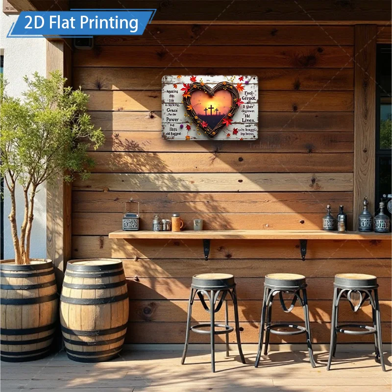[2D FLAT] 1 قطعة علامة معدنية ، 8x12 بوصة ريفي القلب الصليب علامة معدنية 2D الطباعة المسطحة المسيحية جدار ديكور فني لحديقة المنزل