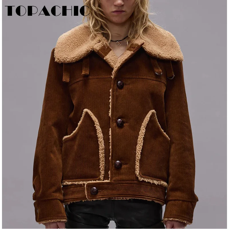 10.12 TOPACHIC-Women\'s Street Lapel Fleece Lining Spliced Corduroy Jacket Weave Button Single Breasted Gig Pocket Loose Coat