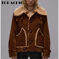 10.12 TOPACHIC-Women's Street Lapel Fleece Lining Spliced Corduroy Jacket Weave Button Single Breasted Gig Pocket Loose Coat